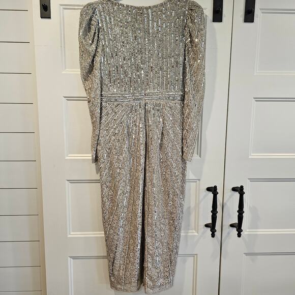 Mac Duggal 93676 V Neck Beaded Lace Midi Long Sleeve Dress Silver Taupe Size 8 - Picture 7 of 9